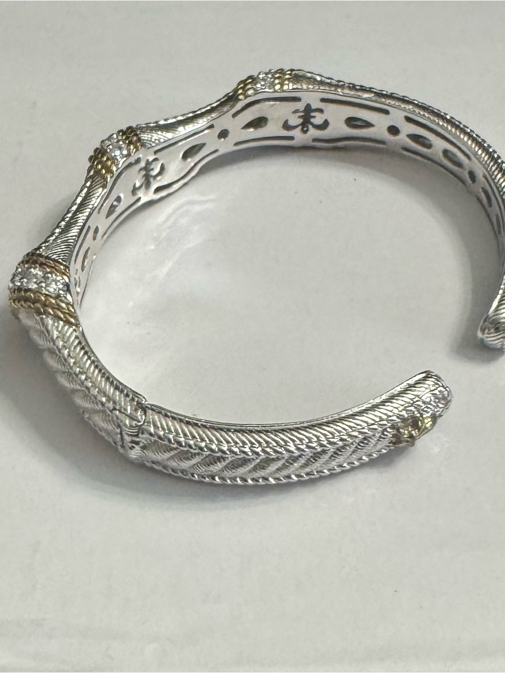 Judith Ripka 925 Silver Braided Cuff Bracelet w/Gold Texture Trim & Diamonique - Picture 9 of 13